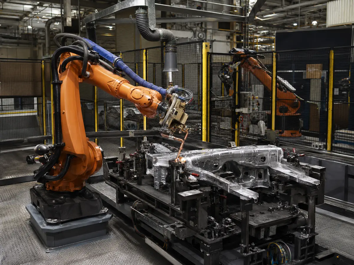 Orangefarbener Industrieroboter schweißt ein Karosseriebauteil in einer Vorrichtung