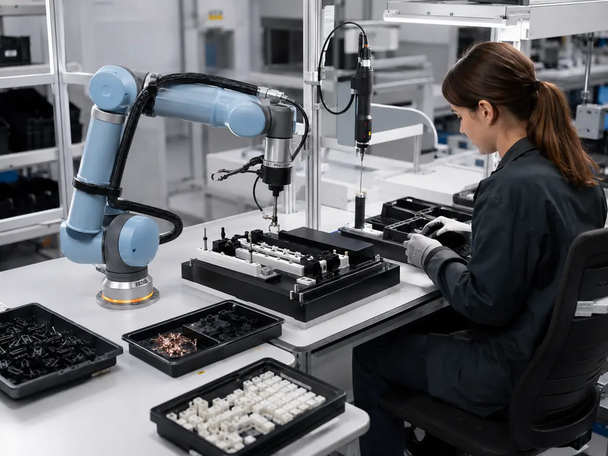 Hellblauer Cobot unterstützt eine Mitarbeiterin an einem Montagearbeitsplatz