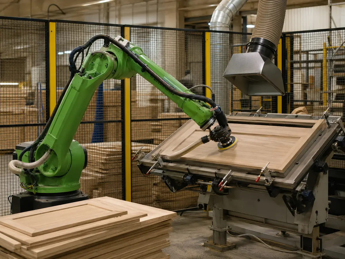 Grüner Industrieroboter schleift ein eingespanntes Holzpaneel mit Absaugung