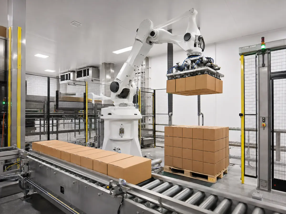 Weißer Palettierroboter stapelt geschlossene Kartons in einer hygienischen Produktionsumgebung