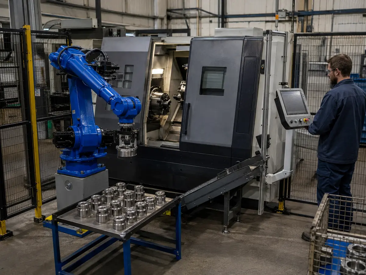 Blauer Industrieroboter beschickt eine CNC-Drehmaschine mit Metallbauteilen