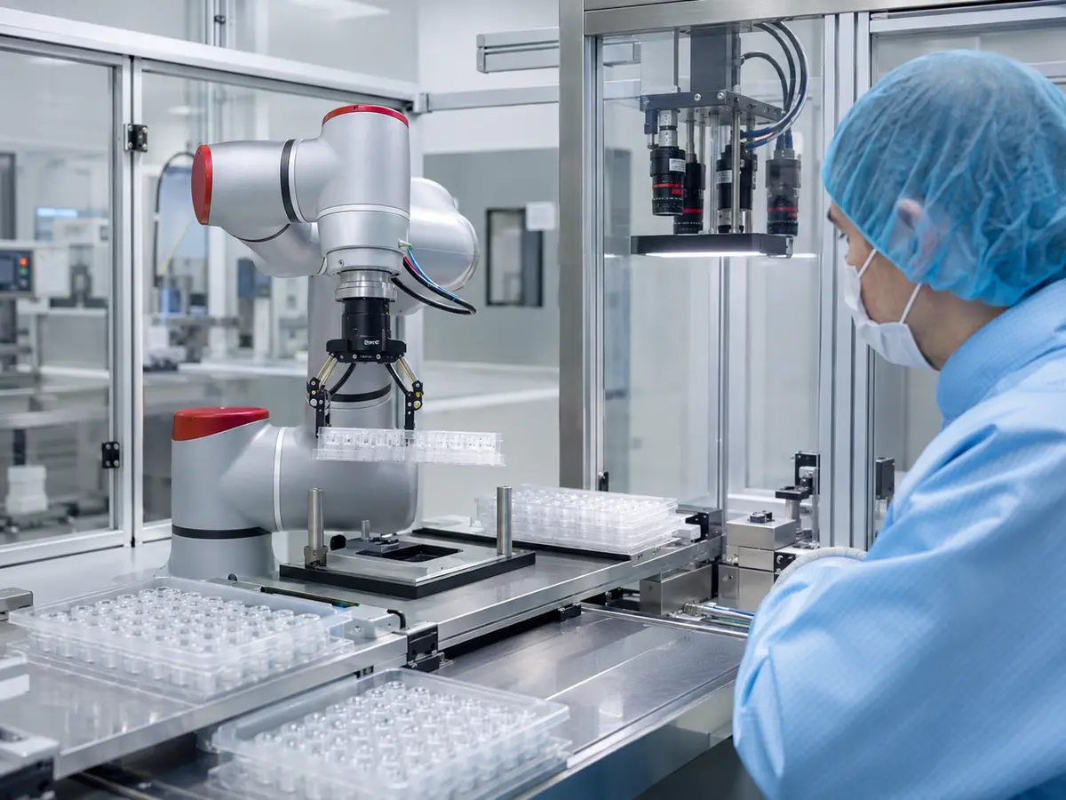Grau-roter Cobot handhabt Bauteiltrays an einer optischen Prüfstation