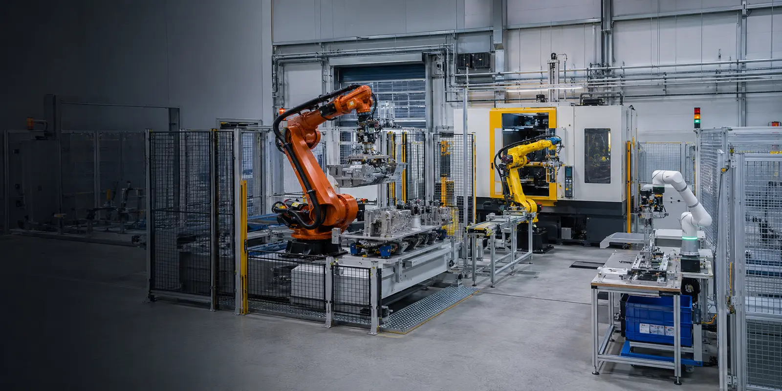 Orangefarbener, gelber und weißer Roboter in unterschiedlichen industriellen Anwendungen