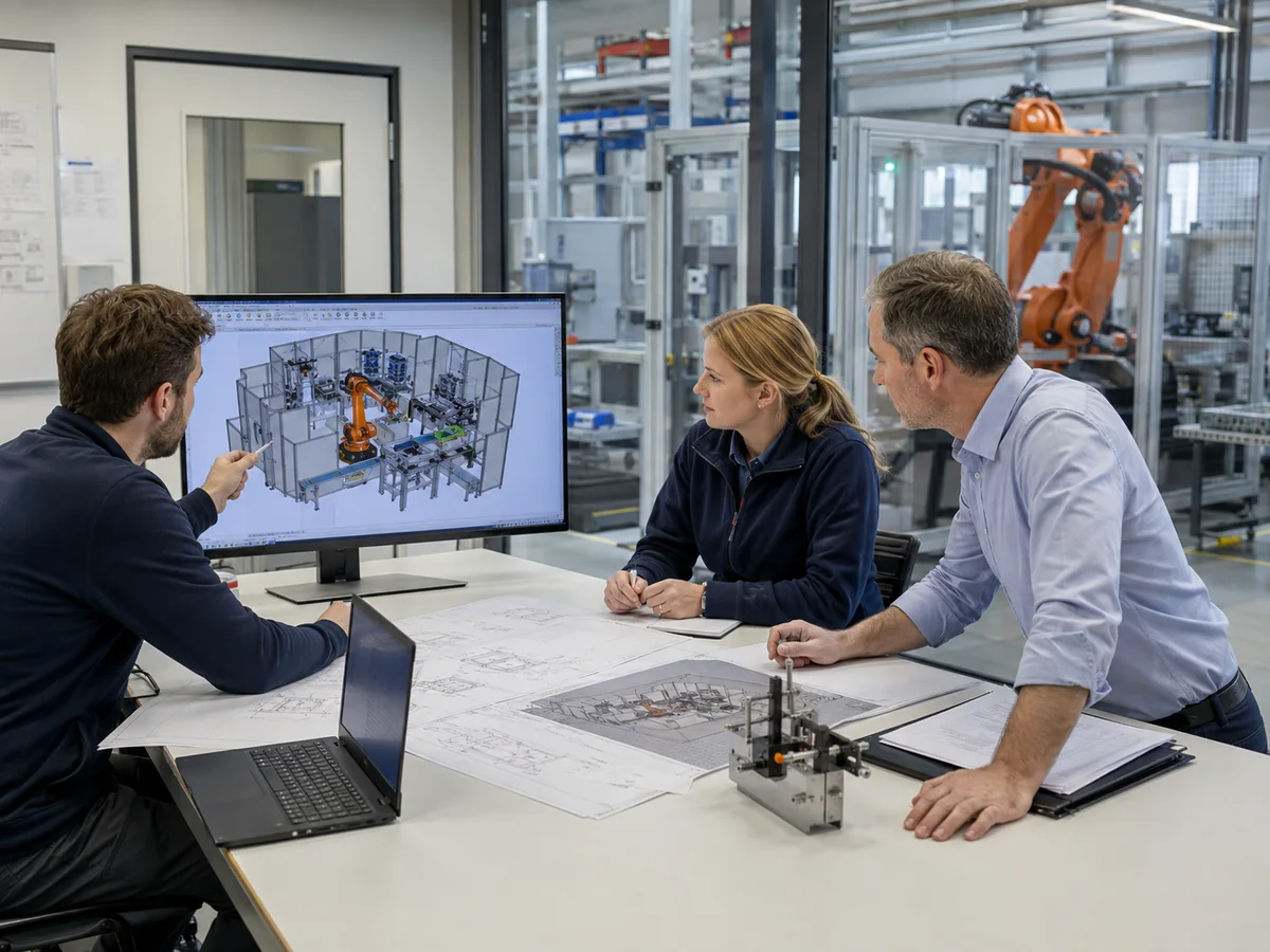 Ingenieure und Produktionsverantwortlicher planen gemeinsam eine Roboterzelle