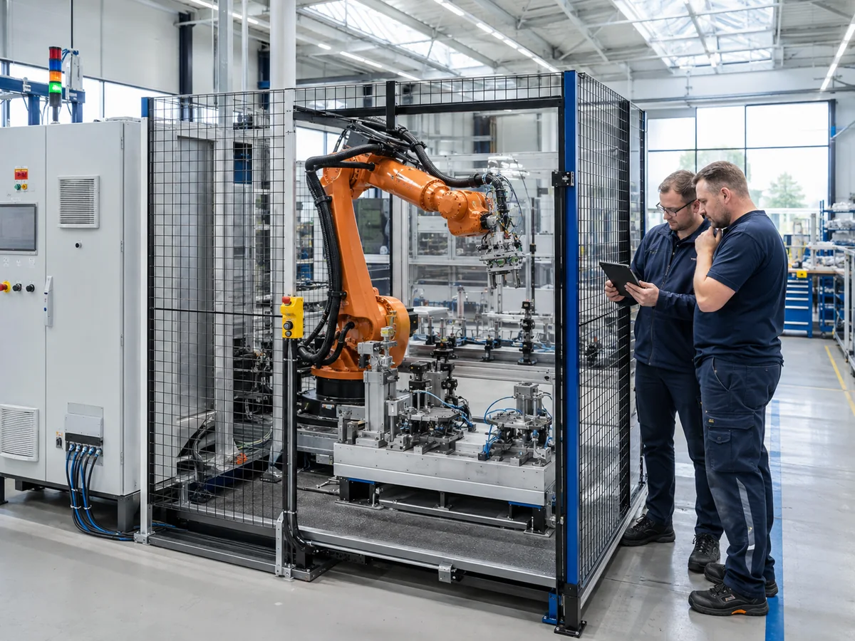 Geschützte orange Roboterzelle mit zwei Technikern bei der Inbetriebnahme