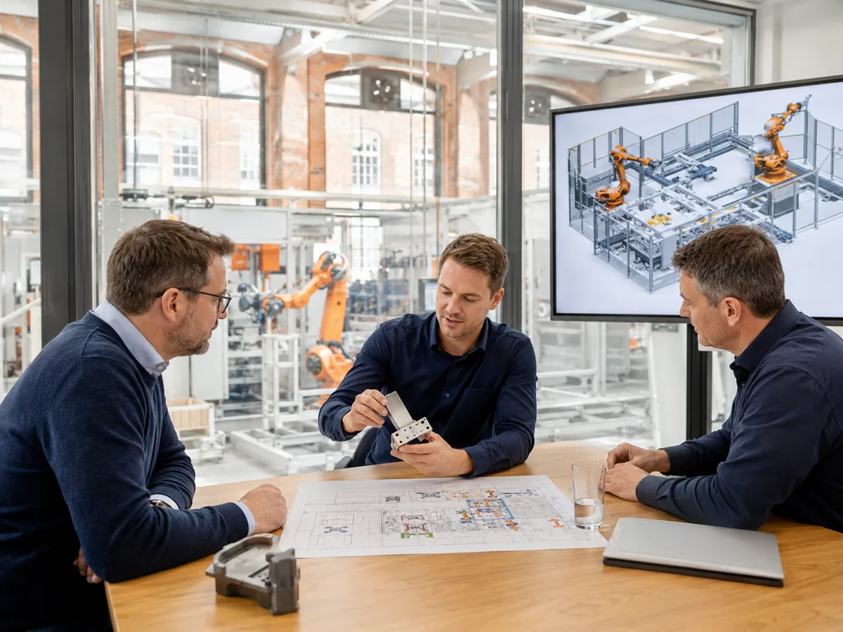 Drei Fachleute besprechen Bauteil und Anlagenlayout mit Blick in eine Roboterwerkstatt