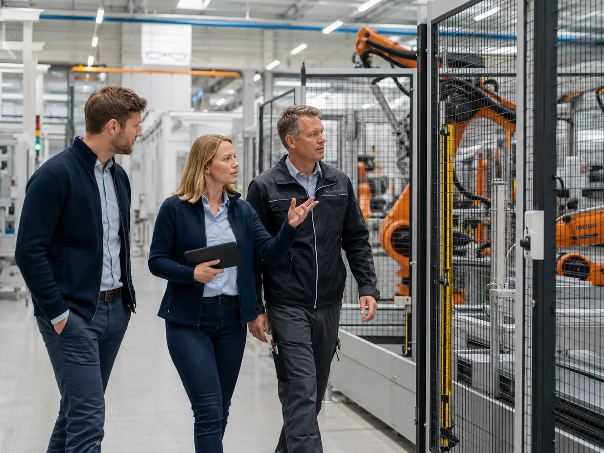 Bewerber besichtigt mit Projektleiterin und Techniker eine geschützte Roboteranlage