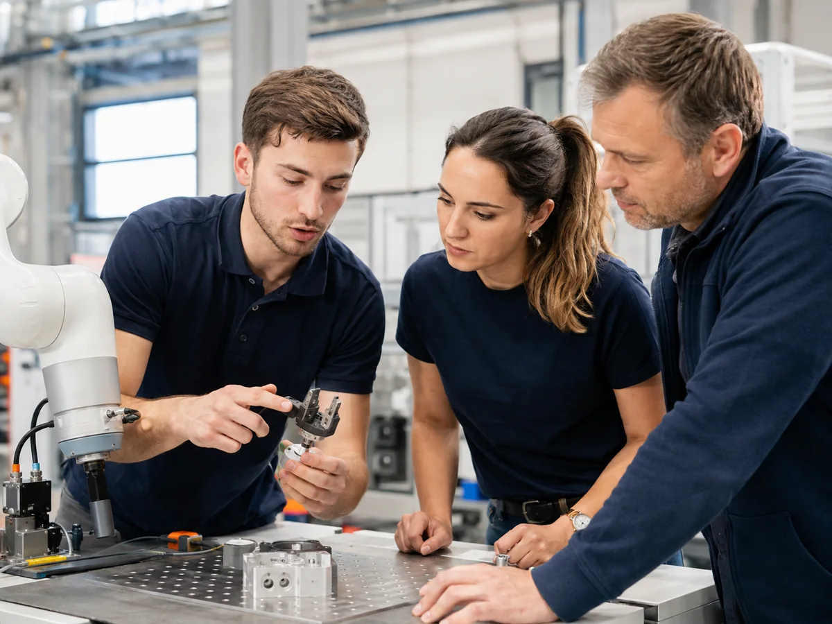 Bewerber erklärt zwei Fachkräften einen Greifer und eine Automatisierungslösung am Prüfstand