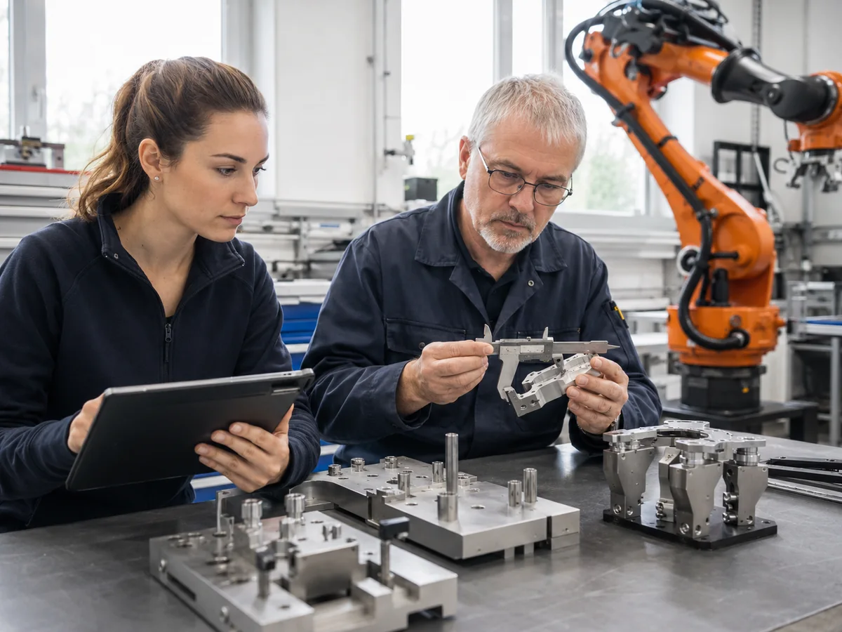 Konstrukteurin und Techniker vermessen einen individuellen Greifer am Arbeitstisch