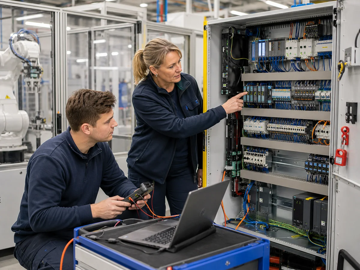 Automatisierungstechniker prüfen SPS-Signale an einem sauber aufgebauten Schaltschrank