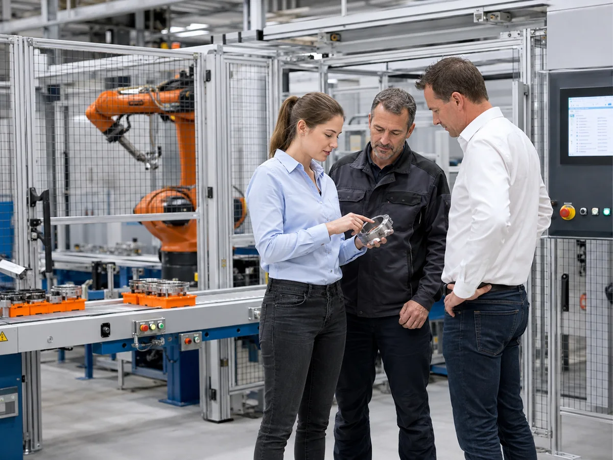 Projektteam prüft ein Bauteil vor einer geschützten Roboterzelle