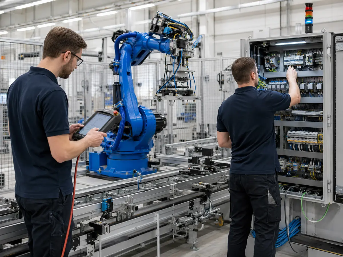 Techniker prüfen Robotik, Schaltschrank und Anlagenfunktionen bei einer Modernisierung