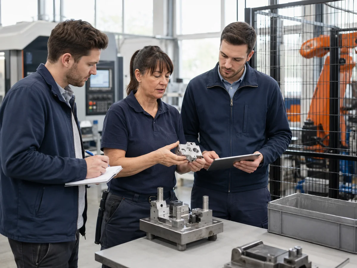 Bedienerin und Techniker bewerten den realen Ablauf einer Automatisierungsanlage