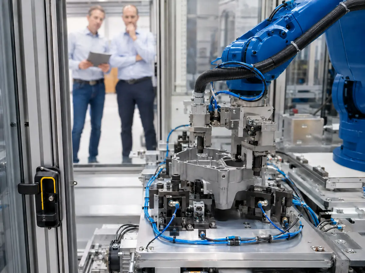 Industrieroboter mit kundenspezifischem Greifer über einer Bauteilvorrichtung