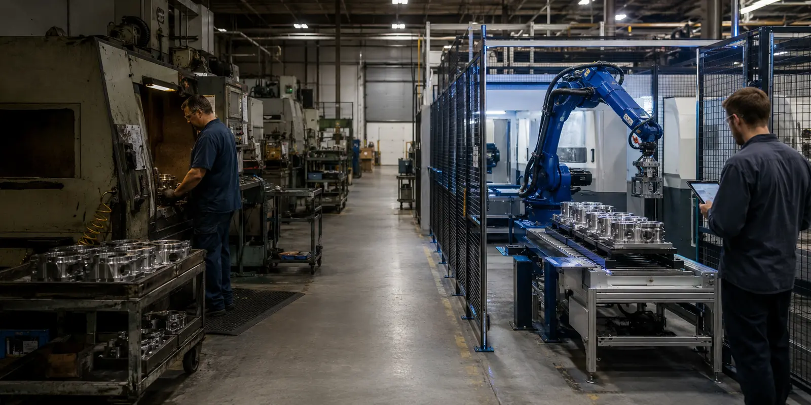 Manueller Bestandsprozess neben einer modernisierten automatisierten Roboterzelle