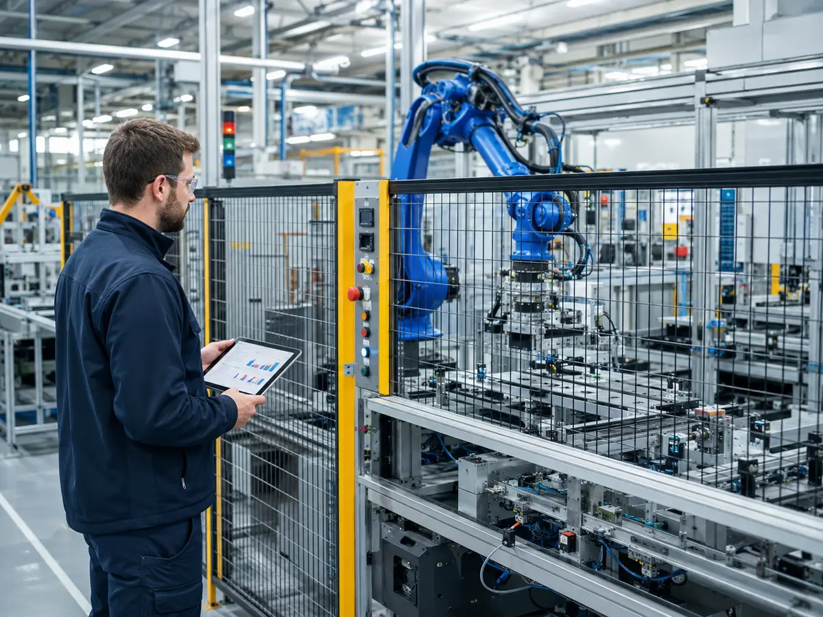 Techniker analysiert eine bestehende Roboterzelle mit Prozessdaten