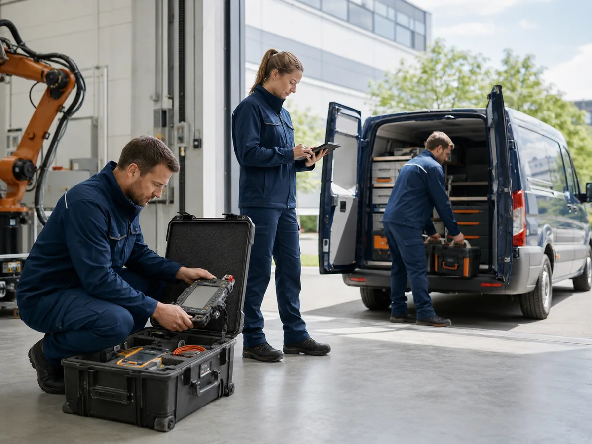 Serviceteam prüft Messmittel und Robotik-Werkzeugkoffer vor der Abfahrt